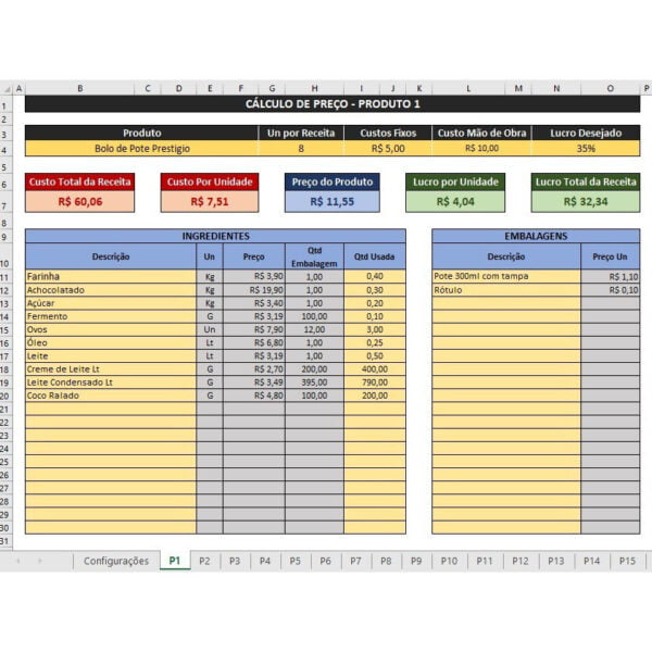 Planilha Custos de Receitas Com Precificação Automática