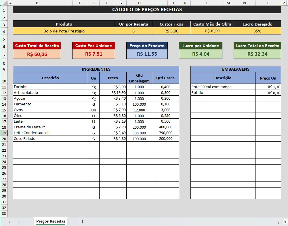 Planilha Custos de Receitas Com Precificação Automática 1 Planilha Custos de Receitas Com Precificação Automática