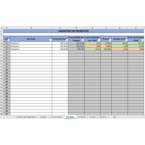 Planilha Gestão Pequeno Negócio Compras Vendas Estoque