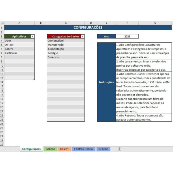 Planilha Motorista Aplicativo Custos e Despesas Uber 99 Taxi