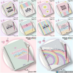 Colagem de planners digitais com designs pastel e frases motivacionais inspiradoras.