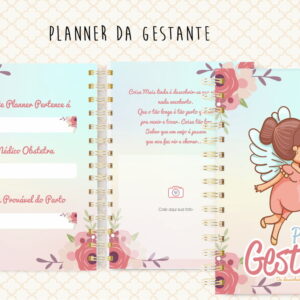 Planner digital da gestante aberto com ilustração de mulher grávida alada e detalhes florais.