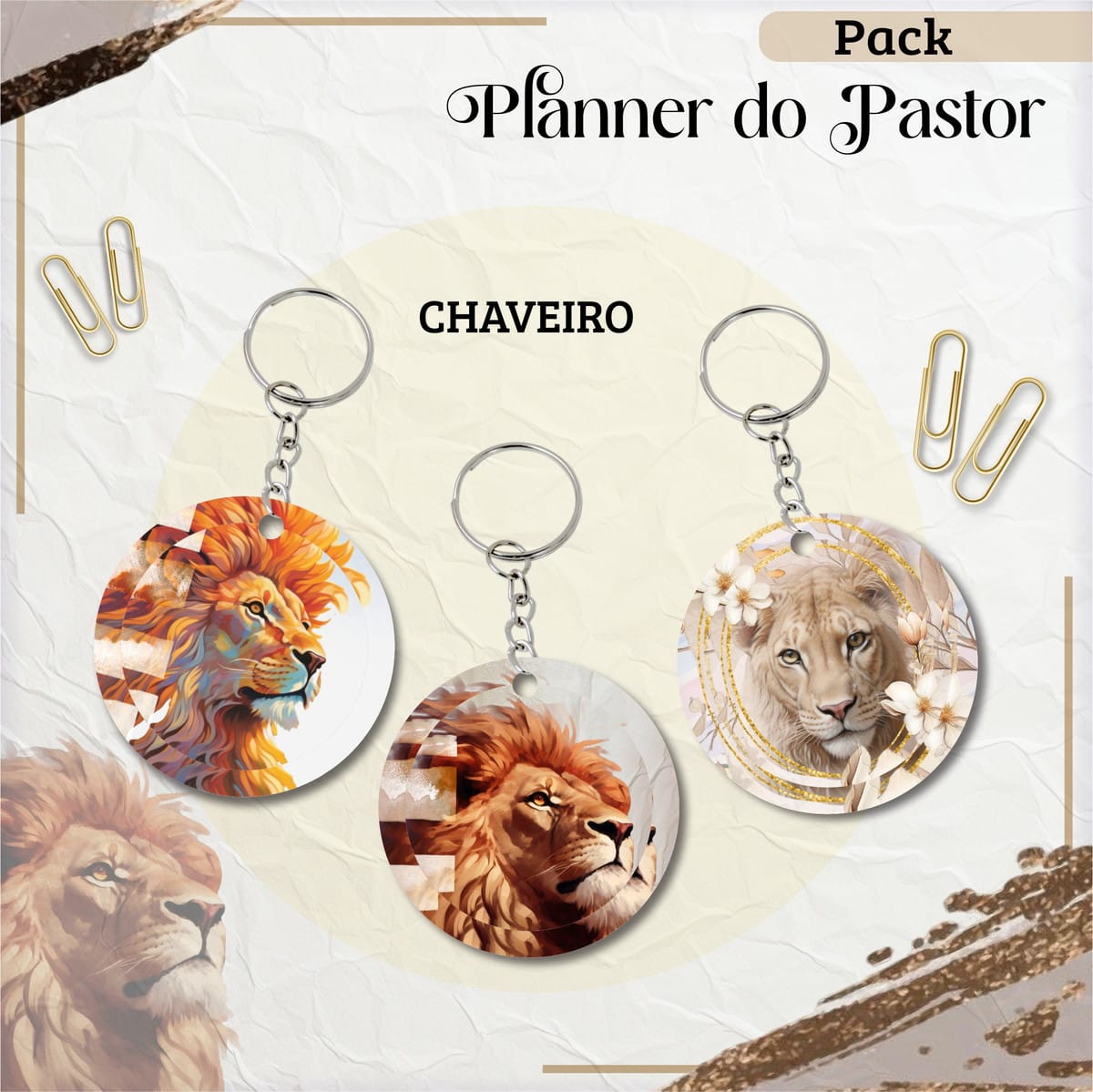 Planner da Pastora 2025 pronto para imprimir e personalizar 3 Arte digital de três designs de chaveiros redondos com leões, parte de um pack.