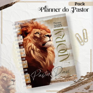 Arte digital de planner 2025 com capa de leão e encadernação em espiral.