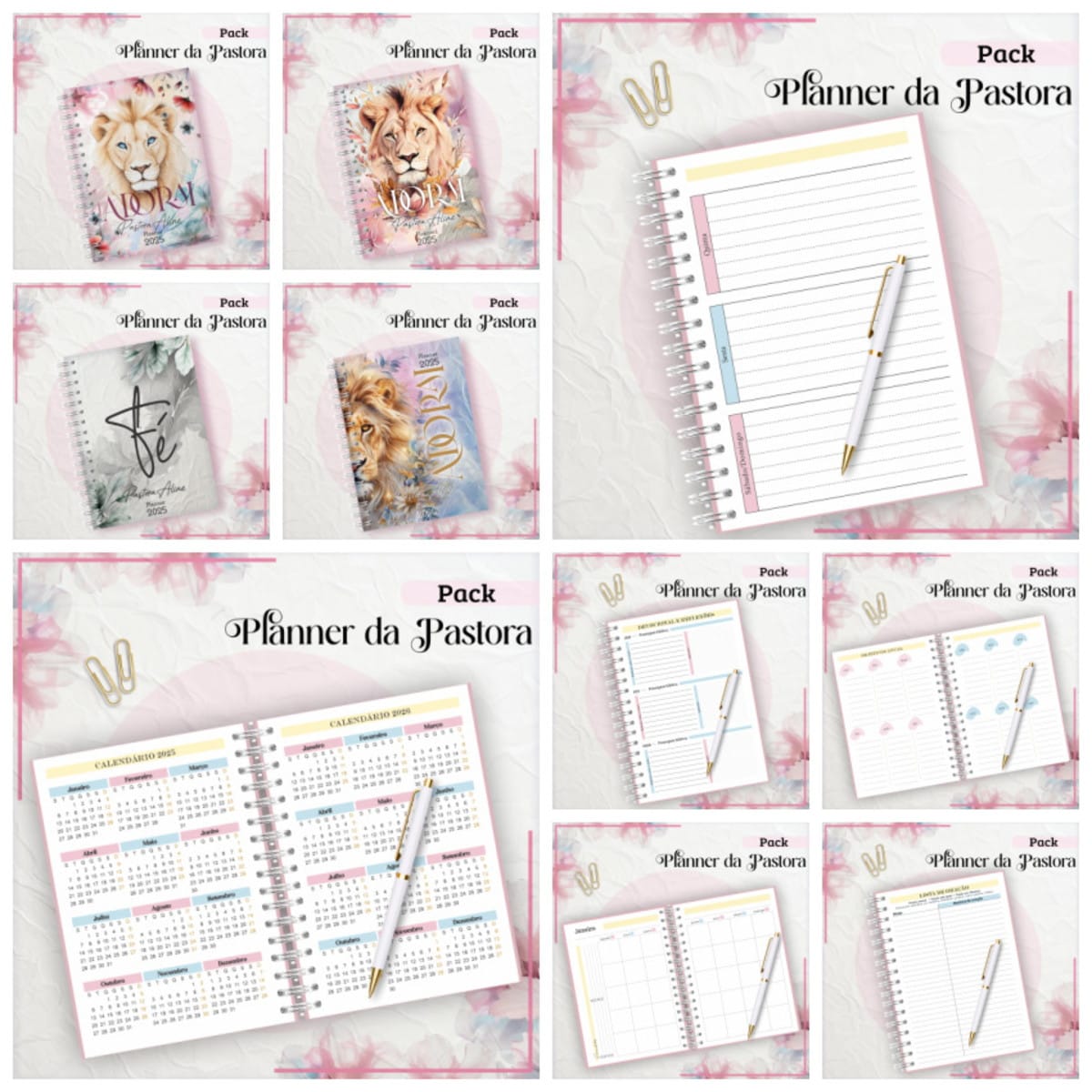 Planner da Pastora 2025 pronto para imprimir e personalizar 5 Planners digitais com capas de leão, símbolos e layouts internos variados, com caneta.