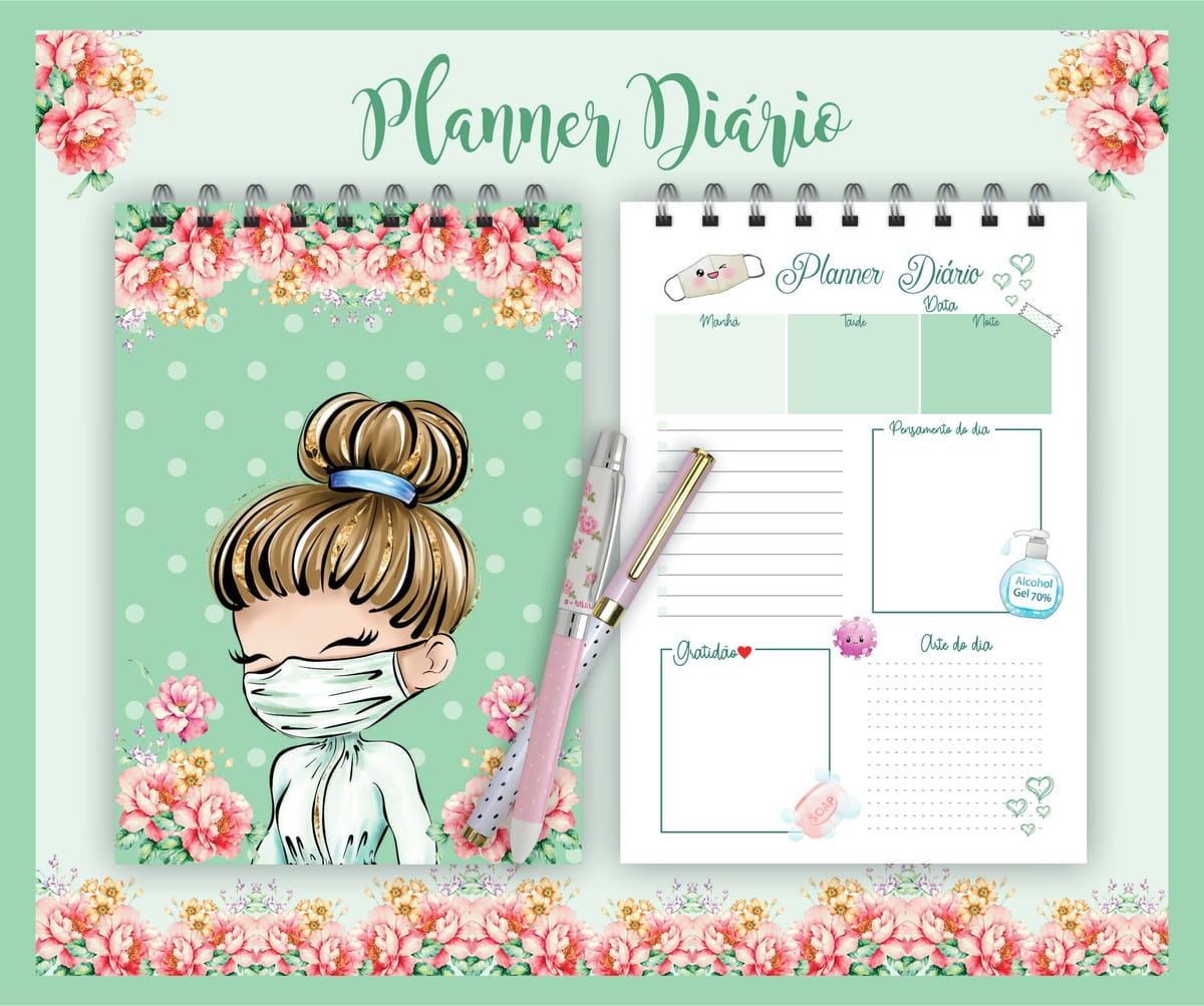 Planner Diário Nossos Heróis Corona em Verde Kit Digital 1 Planner Diario Nossos Herois Corona Verde