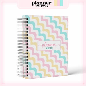Design de planner digital com capa de ondas pastel e texto 'planner 2022'.