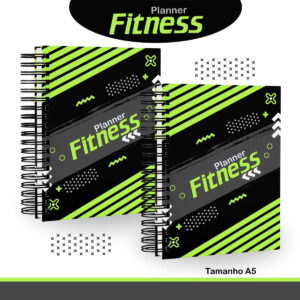 Dois planners digitais espirais com design preto e verde neon, 'Fitness'.