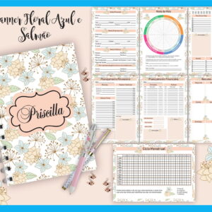 Planner Digital Floral para Encadernação em PDF e PNG 4 planner floral azul e salmao arquivo digital