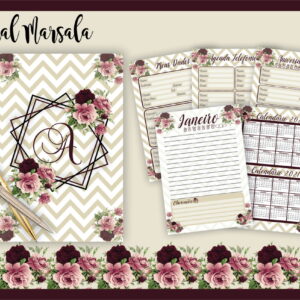 Planner Floral Marsala para Imprimir e Encadernar 29 Apresentação de páginas de agenda com estampas florais e listras em zigue-zague.