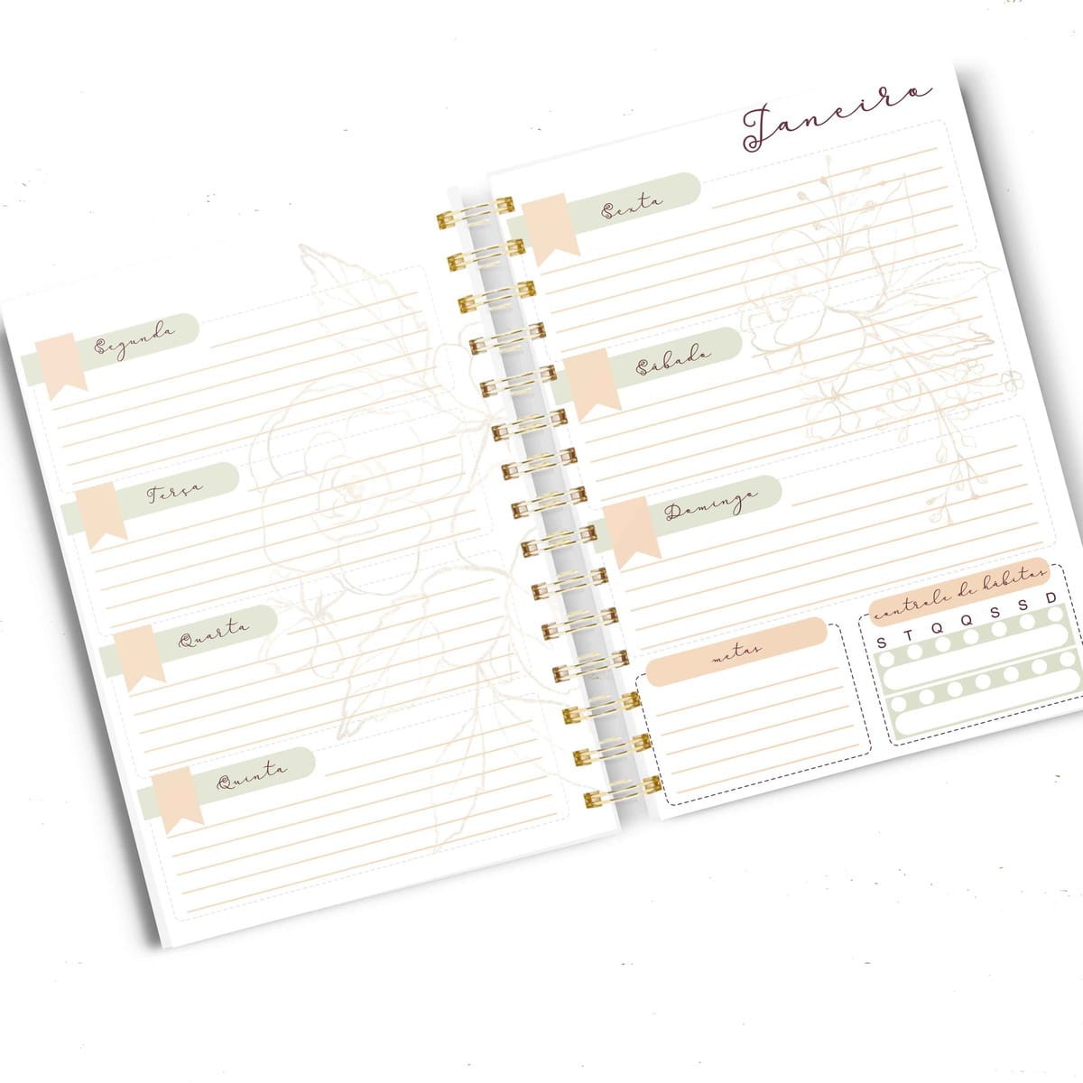 Planner Marsala com Monograma Arquivo Digital A5 2 Arte digital de agenda semanal aberta com controle de hábitos e metas, design floral.