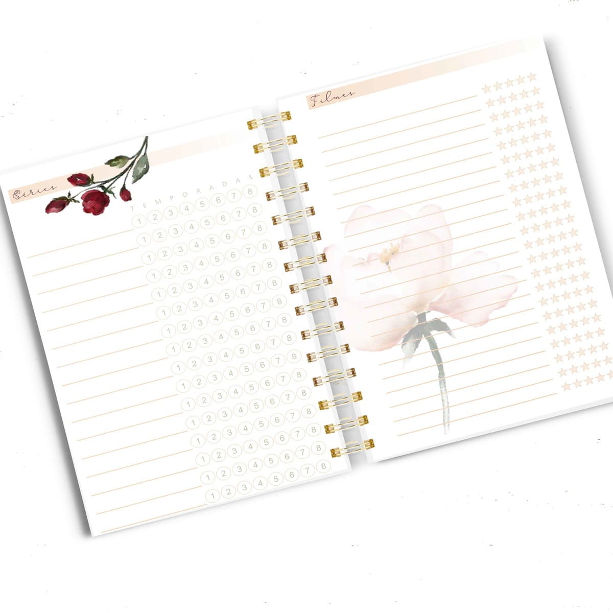 Planner Marsala com Monograma Arquivo Digital A5 3 Agenda aberta com páginas para séries e filmes, decorada com flores em aquarela.