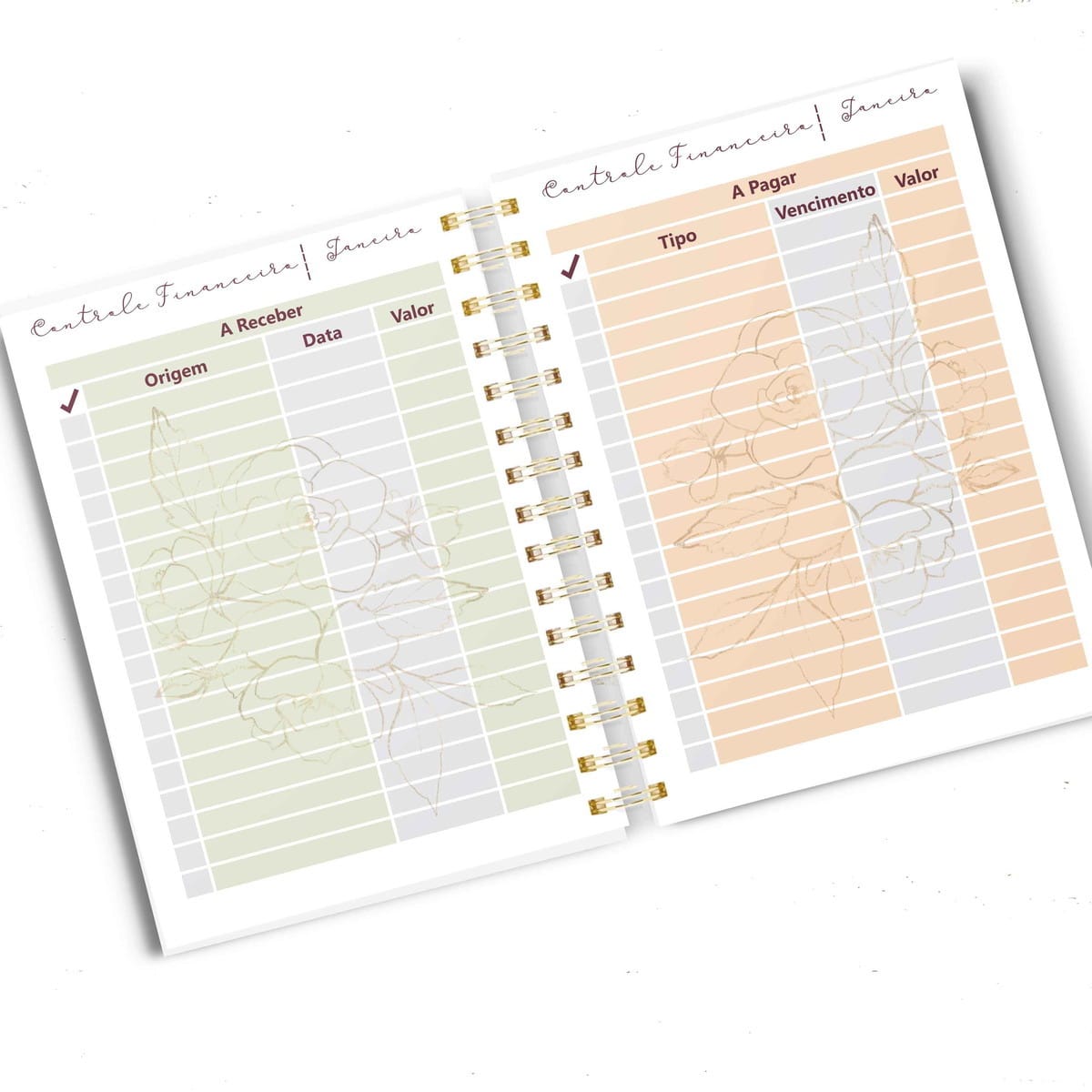 Planner Marsala com Monograma Arquivo Digital A5 4 Agenda financeira aberta com páginas de recebimento e pagamento