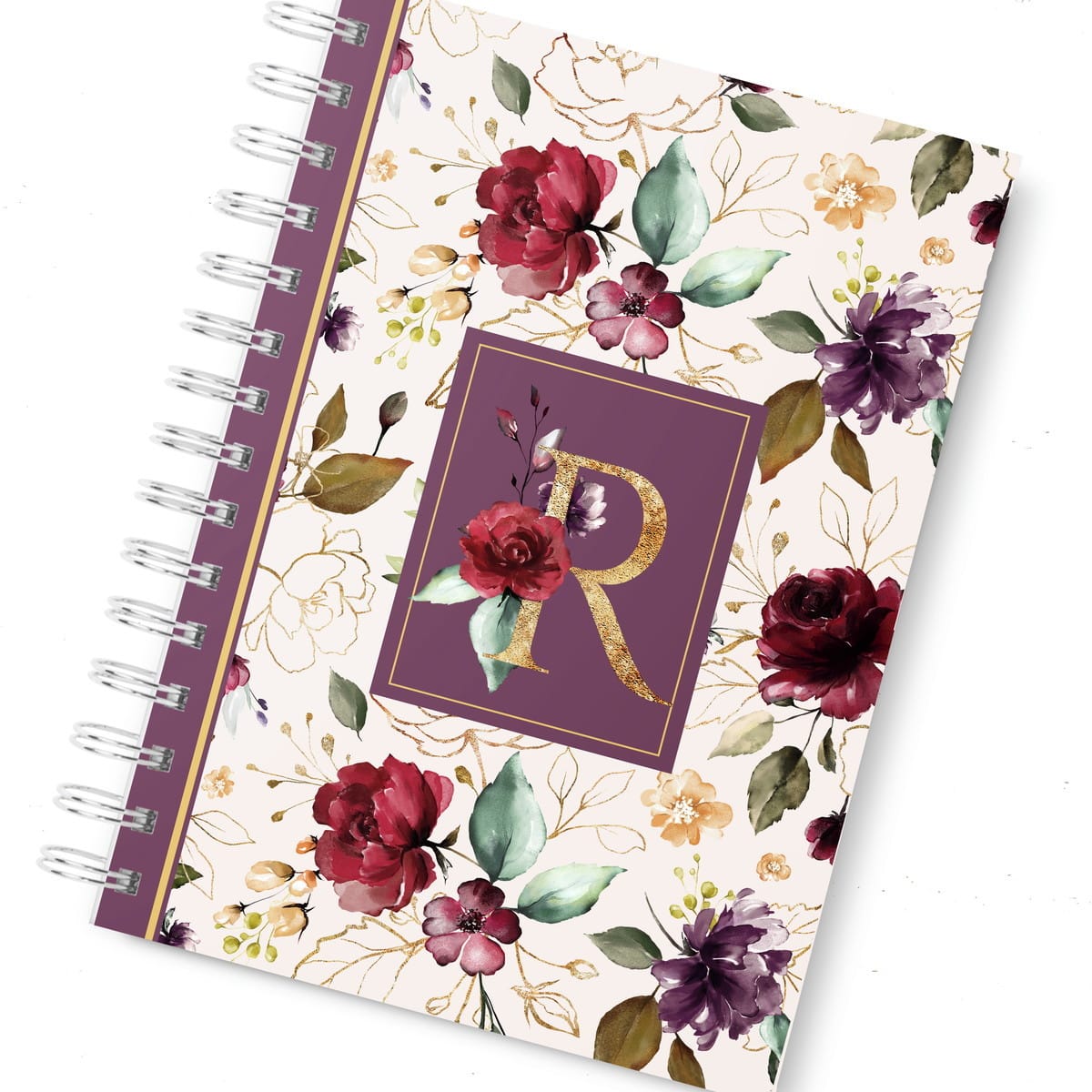 Planner Marsala com Monograma Arquivo Digital A5 1 Caderno com capa floral, flores vermelhas e roxas, letra R dourada.