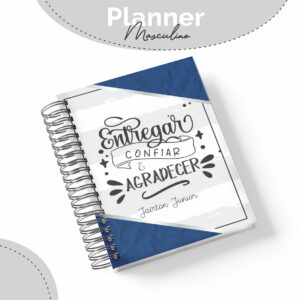 Planner digital masculino com capa branca, detalhes azuis e frase motivacional.