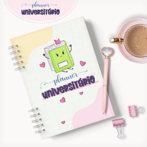 Planner universitário digital com capa de livro verde, corações e texto 'planner universitário'.