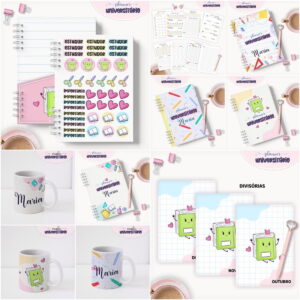 Planner Universitário Digital para Imprimir e Personalizar 9 Arte digital de papelaria universitária, incluindo planners, adesivos, canecas e divisórias.