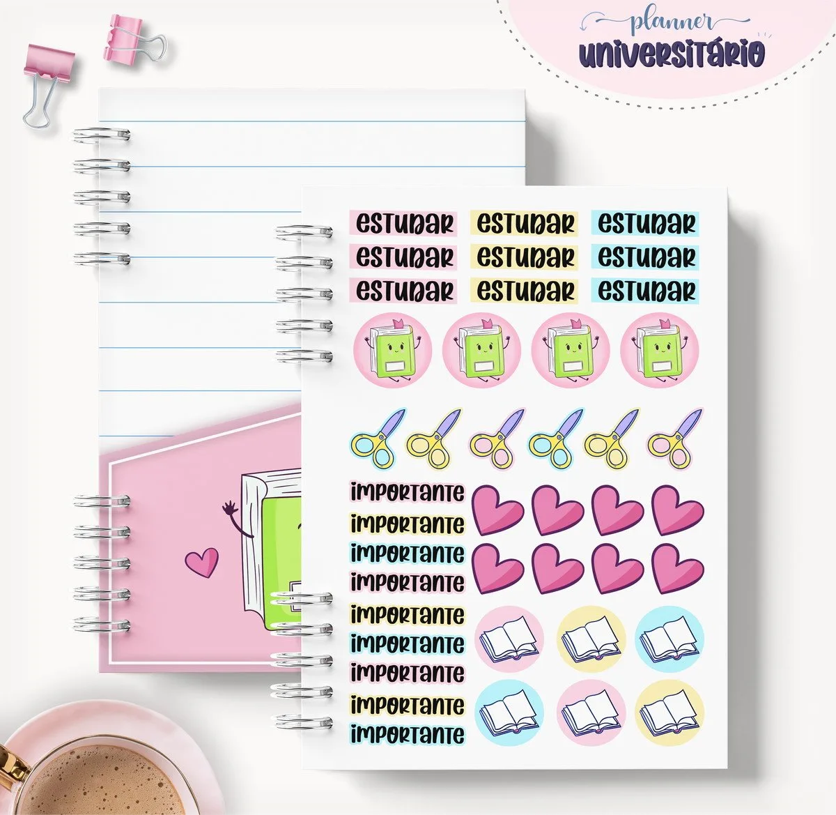 Planner Universitário Mod 03 - Arquivo Digital 2 Folha de adesivos decorativos com ícones coloridos e palavras escritas sobre uma base pautada.
