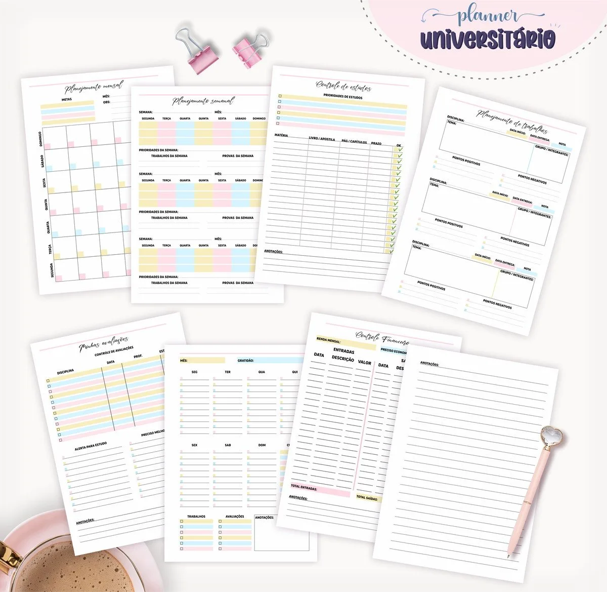 Planner Universitário Mod 03 - Arquivo Digital 3 Várias folhas impressas de planejamento e organização acadêmica dispostas sobre uma superfície branca.