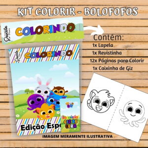 Kit de colorir digital com revista, giz de cera e páginas, mostrando personagens animados.