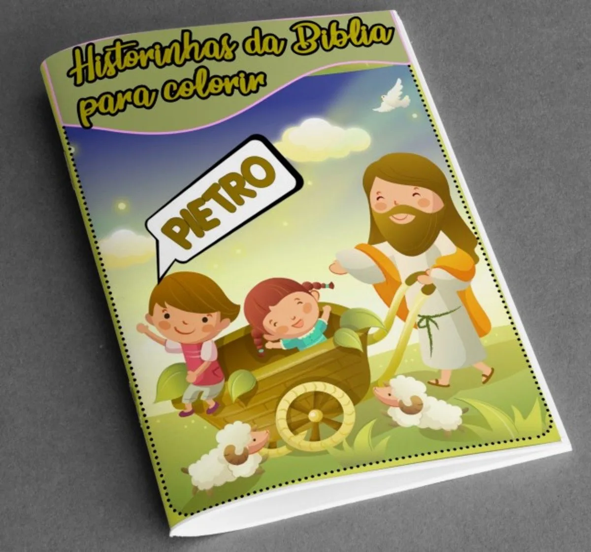 Revistinha Colorir Historinhas da Bíblia - Arquivo Digital 1 Capa de livro infantil com desenho de Jesus e crianças no campo.