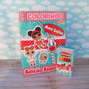 Design de revista de colorir e caixa de giz de cera com ilustrações de bonecas e zíper.