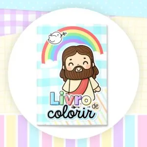 Ilustração de Jesus em estilo infantil com arco-íris e pomba sobre fundo quadriculado azul.