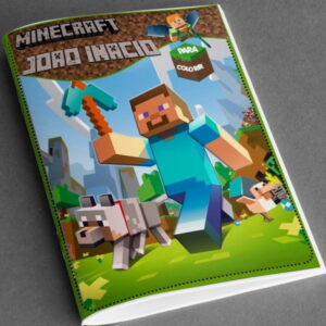 Arte digital de capa de livro de colorir com personagens de jogo de blocos em cenário pixelizado.