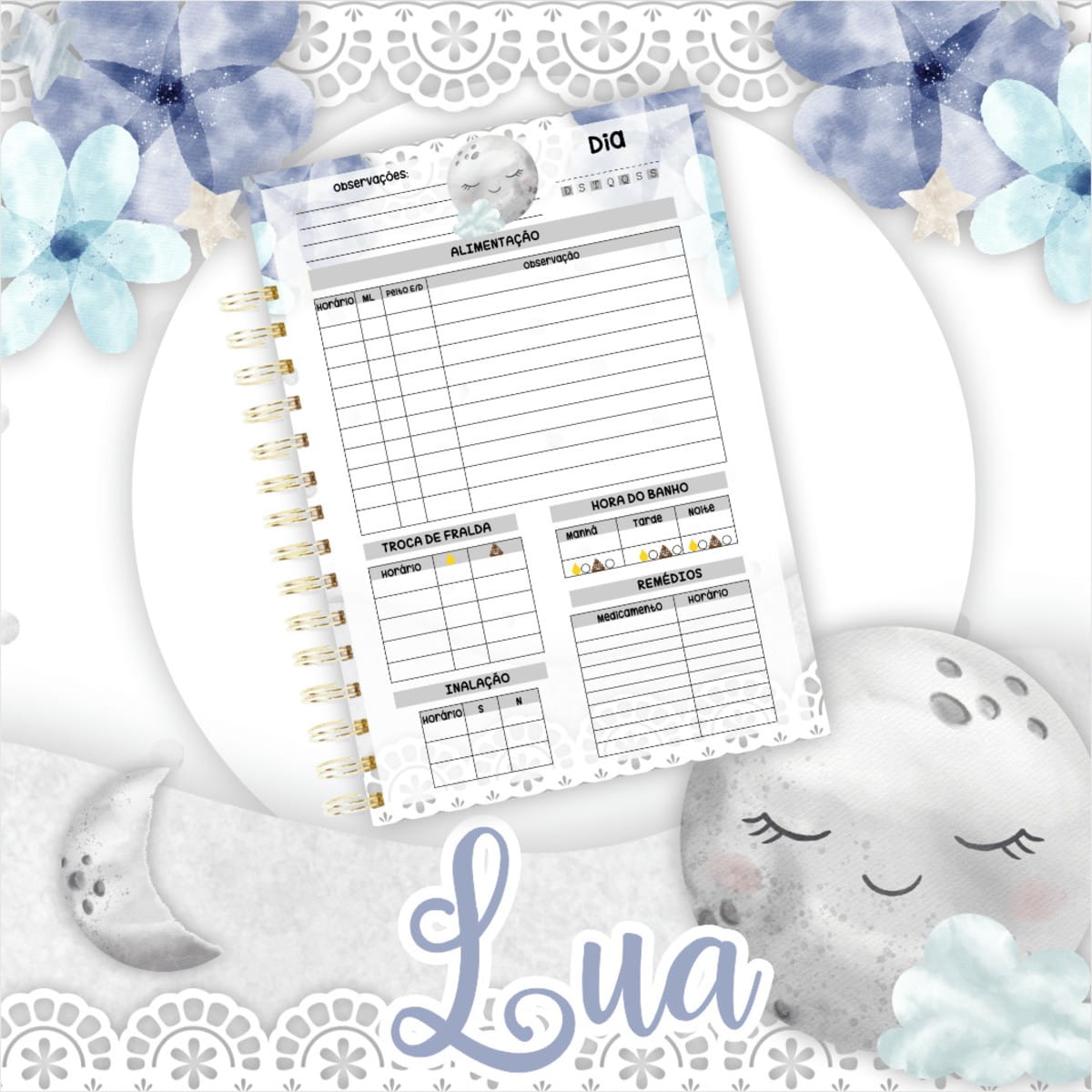Kit digital Rotina do Bebê Lua pronto para imprimir 2 Arte digital: planejador diário de bebê com tema lua e flores.
