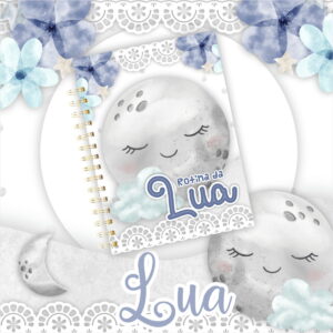 Caderno espiral com capa de lua dormindo, cercado por flores e estrelas.
