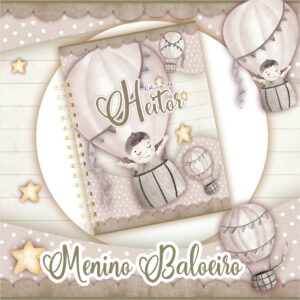 Kit Digital do Álbum Rotina do Bebê Menino Baloeiro 11 Arte digital de capa de caderno com tema de balões e criança. Texto visível.