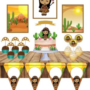 Arte digital de festa com tema cangaço, incluindo personagens, paisagens e decorações.