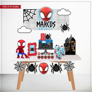 Kit festa digital com tema de aranha, incluindo elementos de personagem e cidade.