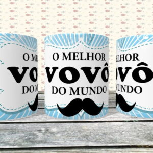 Arte digital de três canecas idênticas. Estampa azul com 'O Melhor Vovô do Mundo'.