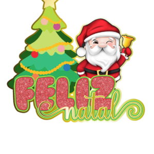 Arte digital de árvore de Natal, Papai Noel e "FELIZ NATAL" com glitter.