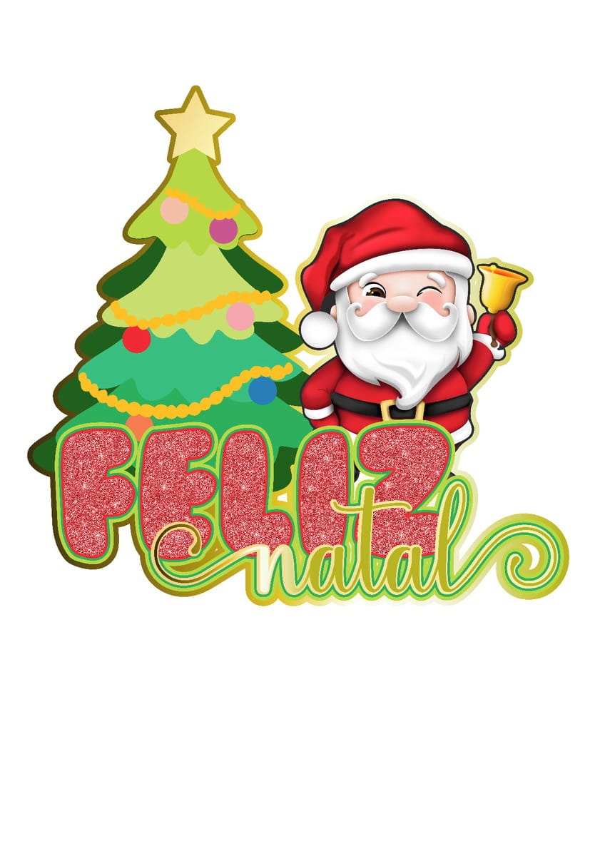 Topo de bolo Natal digital editável para corte em Studio 1 Arte digital de árvore de Natal, Papai Noel e "FELIZ NATAL" com glitter.