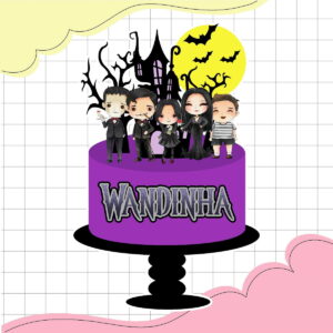 Topper de bolo digital com personagens e elementos assustadores sobre um bolo roxo.